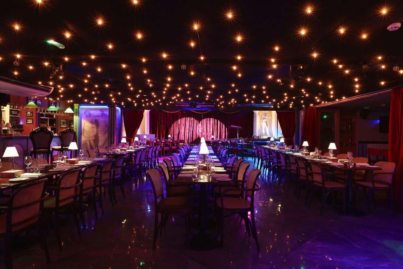 Richly decorated event space with live entertainment