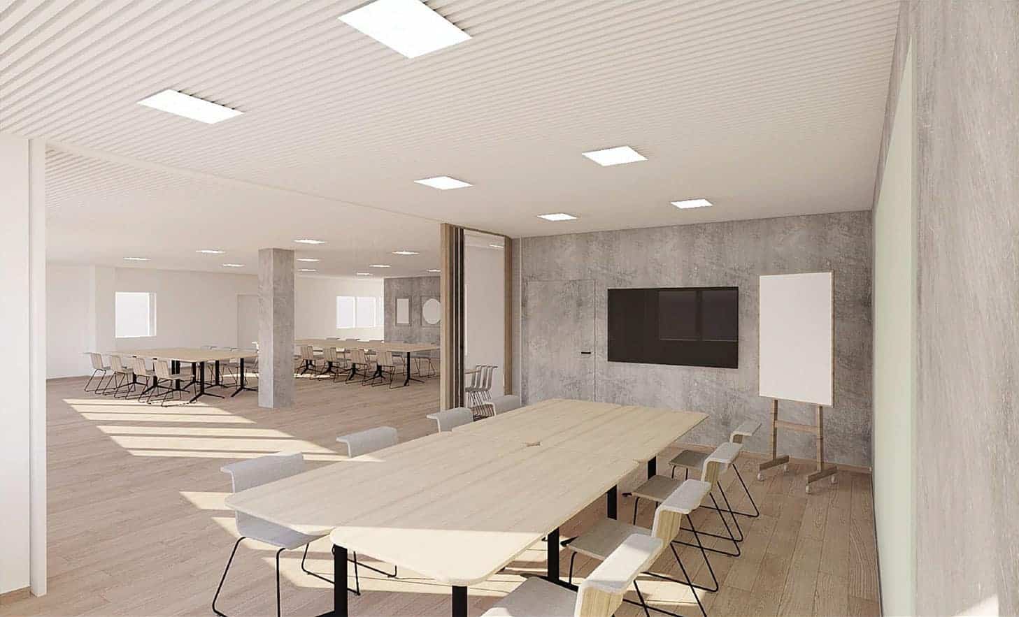 Contemporary conference room with private meeting space
