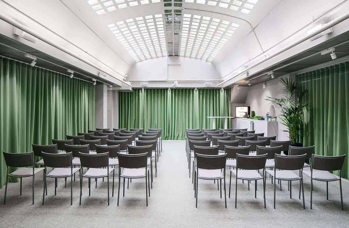 Futuristic and luminous venue with a glass ceiling