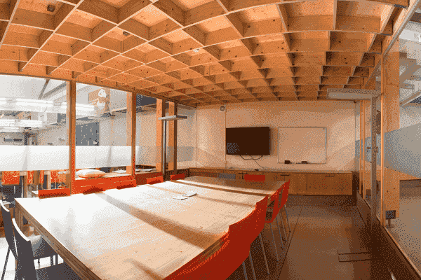 Bright meeting room with wood interior