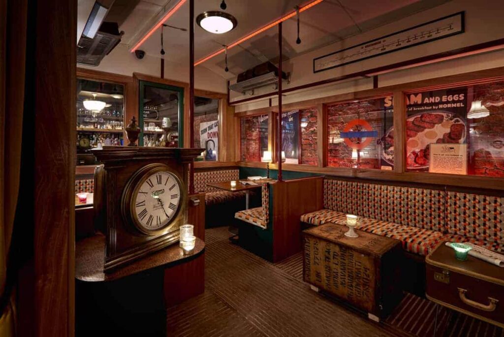 Bar with vintage London tube carriage