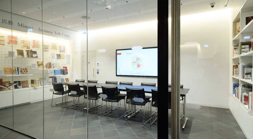 Sleek meeting location with a book's display