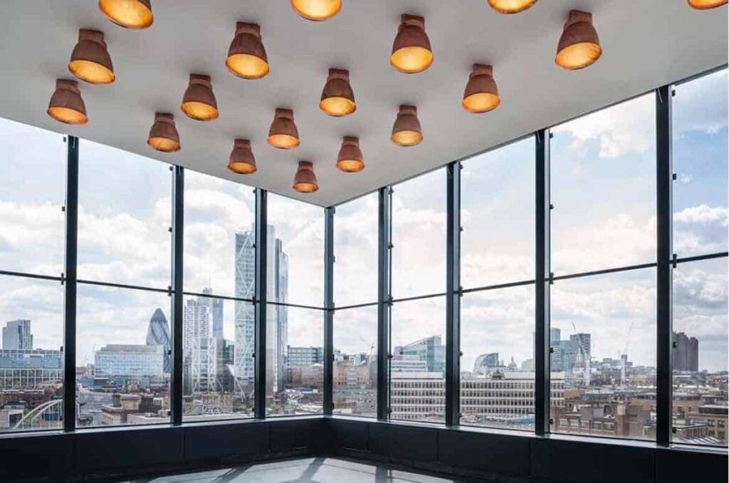 Impressive open venue with view of the London skyline