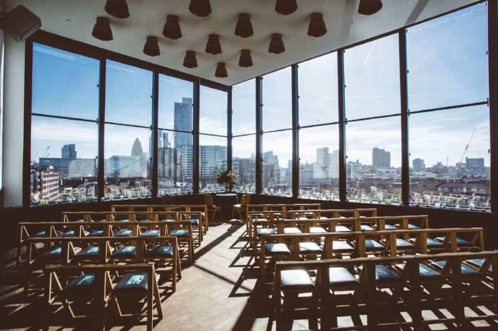Impressive open venue with view of the London skyline