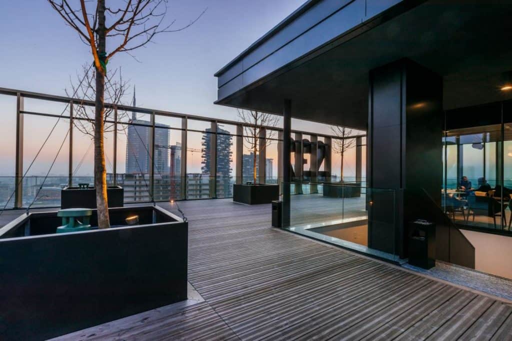 Sophisticated rooftop with a modern design boasting an industrial contemporary design.