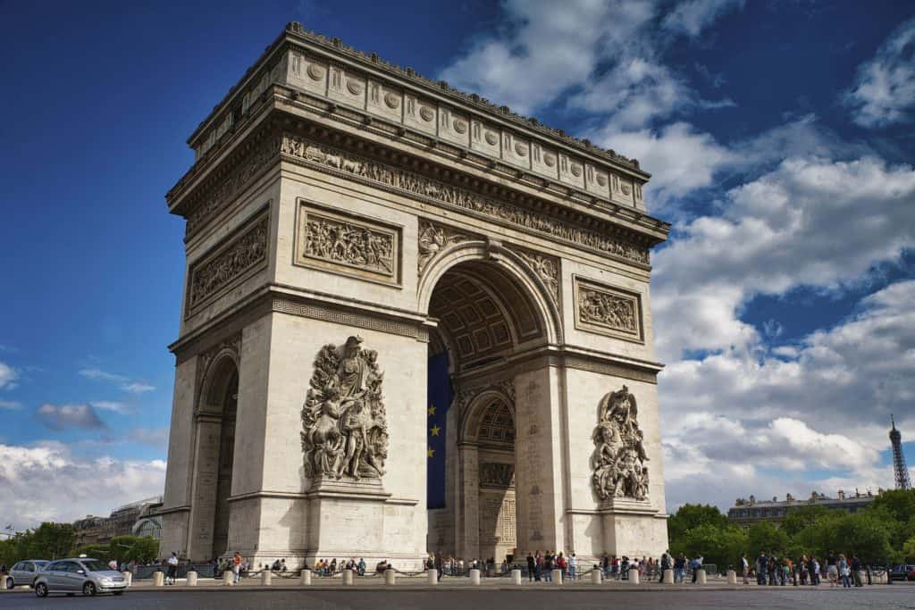 The famous Arc de Triomphe and the west end of the Champs-Elysées