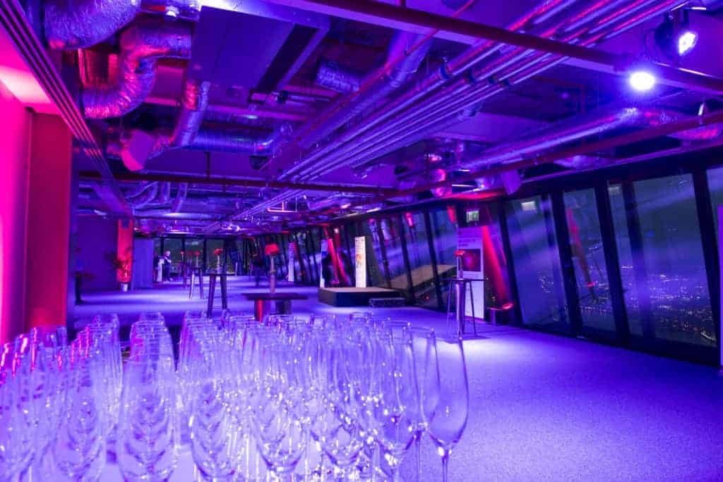 Luxurious glass venue with views of London's skyline boasting loads of sunlight and a refined atmosphere.