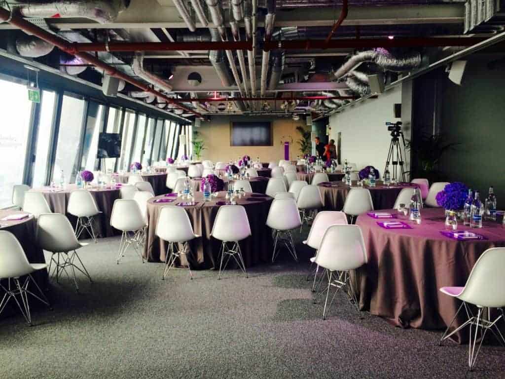 Luxurious glass venue with views of London's skyline boasting loads of sunlight and a refined atmosphere.